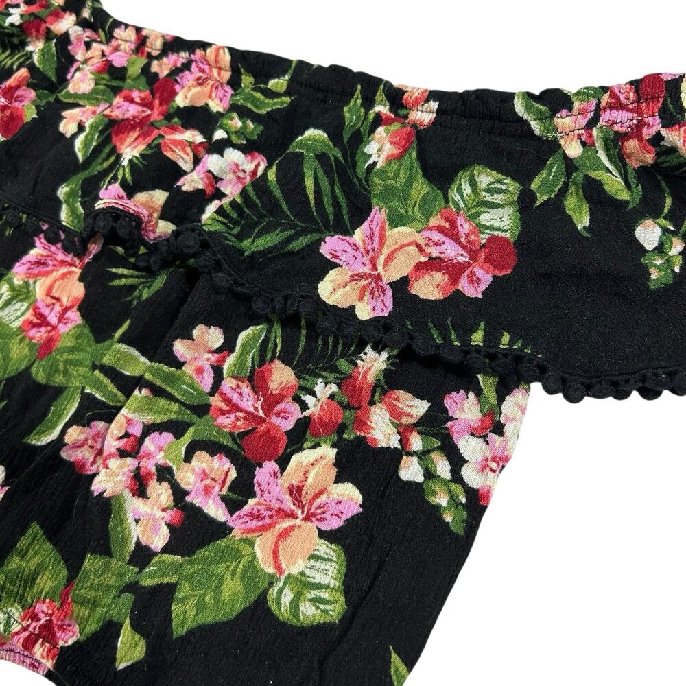 Ambiance Womens Crop Top Black Tropical Floral Off Shoulder Ruffle Pom Trim Sz M - Picture 3 of 7